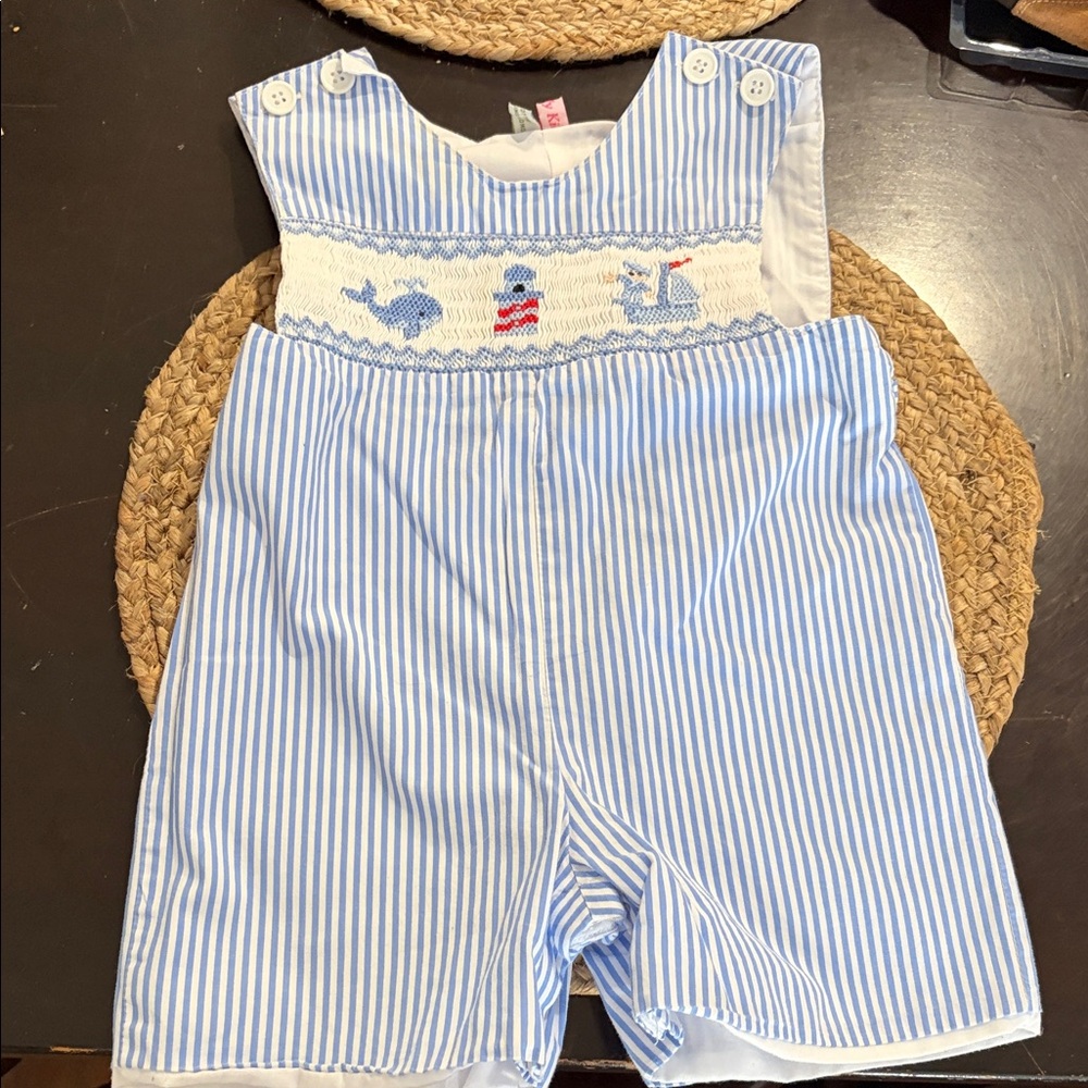 Two Silly Kids Blue & White Striped Smocked Romper Sz 2 2t